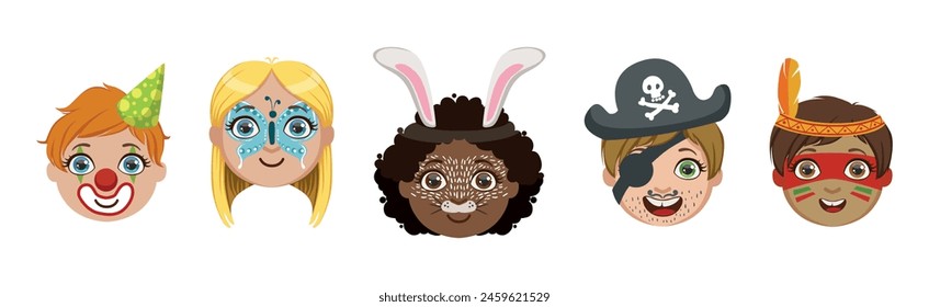 Kids With Painted Faces at Party or Festive Carnival Vector Set