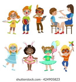 Kids With Painted Faces Set Of Bright Color Cartoon Childish Style Flat Vector Drawings Isolated On White Background