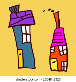 Kids painted houses in doodle style. Painted and isolated on a colored background. Vector illustration