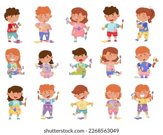 Kids Painters with Paint Splashes, Blobs and Brush Big Vector Set