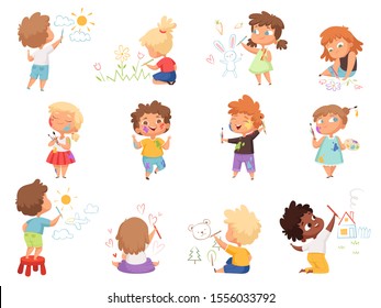 Kids painters. Paint splashes on kids clothes childrens with pallette and colored brushes hand holding vector characters