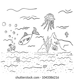 Kids Painting Coloring Page. Undersea world. Vector illustration isolated on white background.