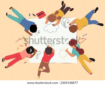 Kids Painting, Creative Activity Concept. Little Boys and Girls Characters Lying on Floor Drawing on Paper with Colored Pencils Create Pictures on Sheet Top View. Cartoon People Vector Illustration