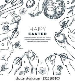 Kids painting Easter eggs. Vector top view sketch illustration of children art workshop. Craft and creativity concept. Holiday banner background design.