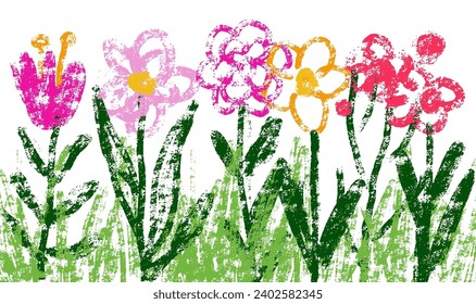 Kids painting flowers set. Children hand drawing blooming meadow with green grass. Wax Crayons Childish pastel lawn neoteric vector illustration