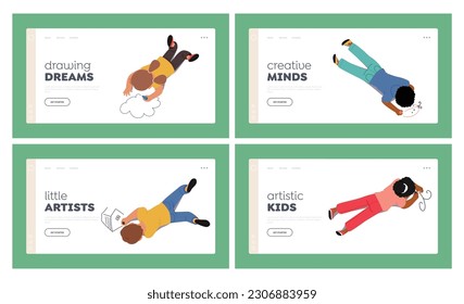 Kids Painting Landing Page Template Set. Little Boys and Girls Characters Lying on Floor Drawing on Paper with Colored Pencils Create Pictures on Sheet Top View. Cartoon People Vector Illustration
