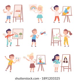 Kids Painting on Canvas Set, Little Artists Characters Drawing on Easel, Paper and Wall with Paints and Pencils Cartoon Style Vector Illustration