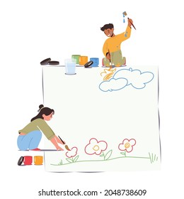 Kids Painting on Paper Sheet Lying on Floor. Little Boy and Girl Characters with Paints and Brushes Create Colorful Picture Isolated on White Background . Cartoon People Vector Illustration