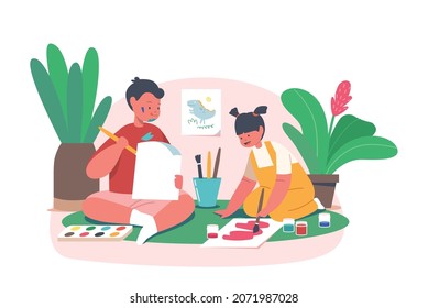 Kids Painting On Paper Sheet Sitting On Floor. Little Boy And Girl Characters With Paints And Brushes Create Colorful Picture At Home Isolated On White Background. Cartoon People Vector Illustration