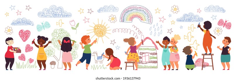 Kids painting on wall. Cute preschool girl, children with crayons draw picture. Drawing characters, school imagination activities decent vector set