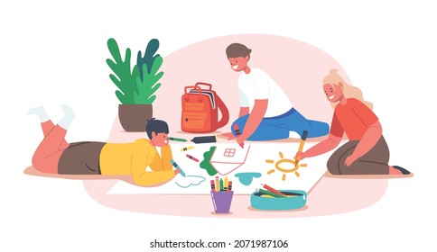 Kids Painting Pictures on Paper, Children Creativity and Activity Concept. Little Characters with Paints or Pencils Enjoy Drawing Isolated on White Background. Cartoon People Vector Illustration