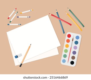 Kids painting supplies on the table. Watercolor paints, paint brushes, colored pencils and crayons, eraser, paper sheets. Vector illustration