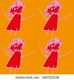 Kid's painting. Vector pattern. Mom pattern. Cartoon painting. Play girl. Crayon painting. Greeting card. Celebration Card. Fabric for kids. Cute baby design. Happy childhood.
