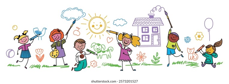 Kids painting wall. Cartoon children characters drawing sketching coloring with pencils and brushes, creative childhood activities. Vector illustration.