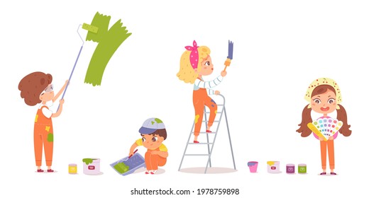 Kids painting wall set. Little children doing creative art with paints, brushes, roller, ladder, cans vector illustration. Group of happy girls and boy drawing on white background.