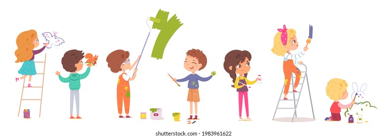 Kids painting wall set. Little children doing creative art with paints, colours, pencils, brushes vector illustration. Group of happy girls and boys drawing on white background.