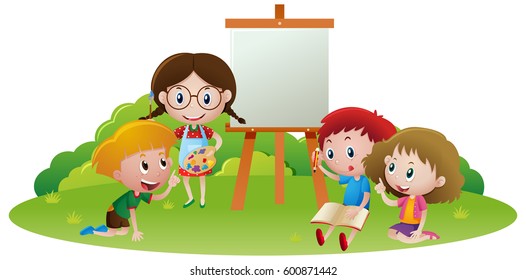 Kids Painting And Writing In Garden Illustration