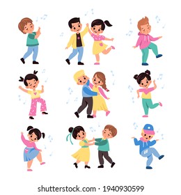 Kids pair dancing. Funny young dancers collection, little musical couples, friends beat moving, cute boy and girl listen melody. dance studio and art class vector cartoon isolated set