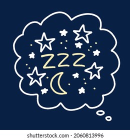 Kids pajama print vector design with handwritten zzz sleep sound imitation and stars in thought bubble frame. Doodle drawing for bedtime clothing print or nursery wall art.