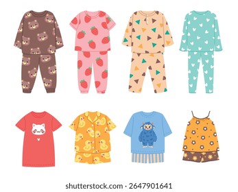Kids pajamas. Cute childish sleepwear, funny color patterns, trendy night apparel, cozy home, bedtime clothes, boys and girls, t-shirts, pants and shorts cartoon isolated classy vector set