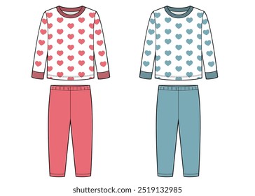 Kids pajamas with hearts pattern, technical sketch.