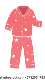 Vector de pijama para niños en estilo de dibujos animados planos. Conjunto de pijama rojo con estampado de estrellas que incluye camisa y pantalón. Ilustración linda de la hora de dormir y de la ropa de noche aislada en el fondo blanco. Elemento de suspensión