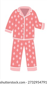 Vector de pijama para niños en estilo de dibujos animados planos. Conjunto de pijama rosa con patrón de lunares incluyendo camisa y pantalones. Ilustración linda de la ropa de dormir aislada sobre fondo blanco. Elemento de suspensión