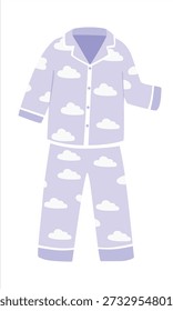 Vector de pijama para niños en estilo de dibujos animados planos. Camisa de pijama púrpura y pantalones con patrón de nubes. Ilustración linda de la ropa de dormir aislada sobre fondo blanco. Elemento de suspensión