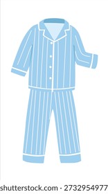 Vector de pijama para niños en estilo de dibujos animados planos. Conjunto de pijama azul con patrón de rayas que incluye camisa y pantalón. Linda ilustración de ropa para dormir aislada. Elemento de suspensión