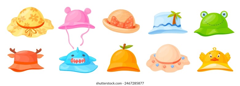 Niños en Panamá. Sombreros de playa de verano para niños, sombrero de primavera para bebés, gorra de diseño divertido, sombrero de cabeza para niños, sombrero de cabeza de verano para niños, ropa de sol de cabeza de verano, Ilustración vectorial de colección de panamas de dibujos animados...