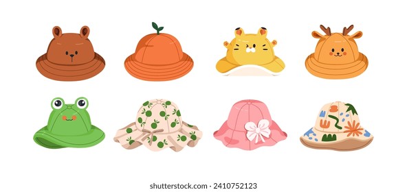 Kids panama designs set. Funny summer hat with brim, headwear, childrens head accessory. Sun protection headgear for baby, child. Colored flat graphic vector illustrations isolated on white background