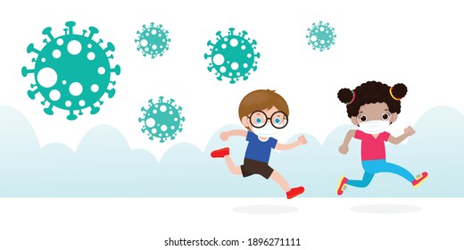 Kids In Panic Running Away From Particles Of Coronavirus Spreading On City Street Isolated On White Background Vector Illustration