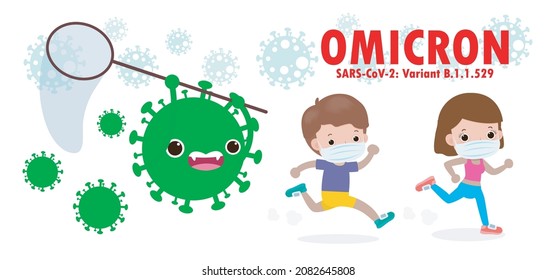 niños en pánico huyendo de partículas de Omicron 21 Covid variante B.1.1.529. Coronavirus esparciéndose por sudáfrica aislado en ilustración vectorial de fondo blanco