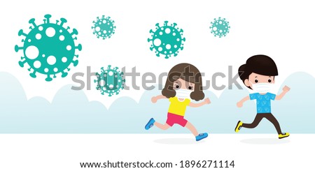 kids in panic running away from particles of coronavirus spreading on city street isolated on white background vector illustration