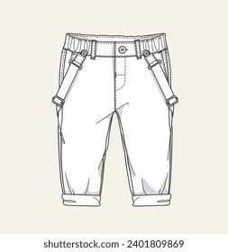 kids pant denim with suspender flat sketch illustration