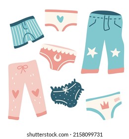 Kids pants and underwear set. Vector hand drawn clip art. 