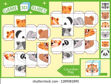 Kids paper craft. 3 d Cubes puzzle. Cut and glue cube with cute animals characters. Children activities game. Find matching parts picture. Kids activity page for book. Vector illustration.