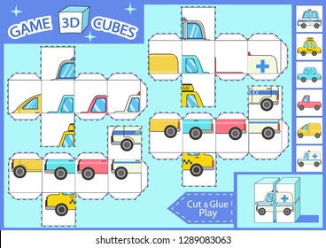 Kids Paper Craft. 3 D Cubes Puzzle. Cut And Glue Cube With Cartoon Cars. Children Activities Game. Find Matching Parts Picture. Kids Activity Page For Book. Vector Illustration.