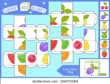 Kids paper craft. 3 d Cubes puzzle. Cut and glue cube with fruits. Children activities game. Find matching parts picture. Kids activity page for book. Vector illustration.