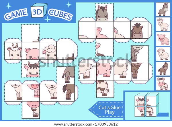 Kids
paper craft. 3 d Cubes puzzle. Cut and glue cube with cute farm
animals. Children activities game. Find matching parts picture.
Kids activity page for book. Vector
illustration.