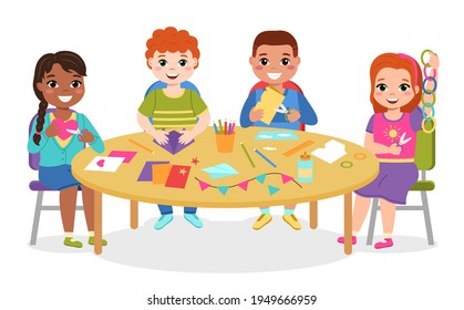 Kids paper craft. Boys and girls cut colored paper figures at round table, make applications, origami flags and chains garlands. Children art hobby and interest group vector cartoon concept