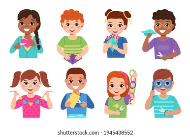 Kids paper craft. Happy creative children cut colored paper, make applications, bend origami and glue flags and chains garlands. Girls and boys with art works, school exhibition vector set