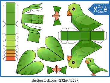 Kids paper craft template. Education game. Cut and glue a paper 3d parrot. DIY papercraft cutout puzzle toys. Activity worksheet for children. Create to bird for birthday decor. 