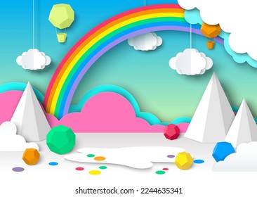 Kids paper cut background with cloud and rainbow. 3d origami art landscape. Cute abstract creative poster with decoration. Craft decorative greeting card with airship and fantasy world design