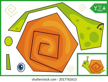 Kids paper game with cartoon toy animal. Cut and glue simply puzzle with snail. Craft worksheet and activity page for children. Vector illustration.