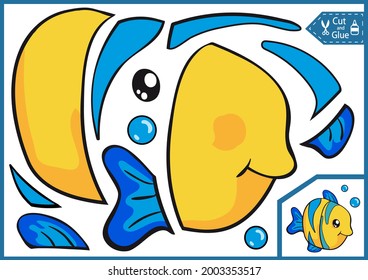 Kids paper game for craft puzzle. Cut and glue fish. Activity page and worksheet for children. Cutout cartoon toy. Vector illustration.