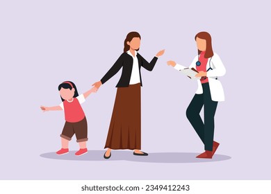 Kids, parents and doctor. Parenting in Healthcare concept. Colored flat vector illustration isolated. 