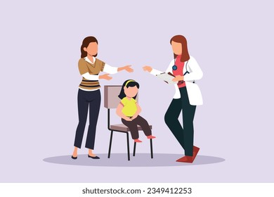 Kids, parents and doctor. Parenting in Healthcare concept. Colored flat vector illustration isolated. 