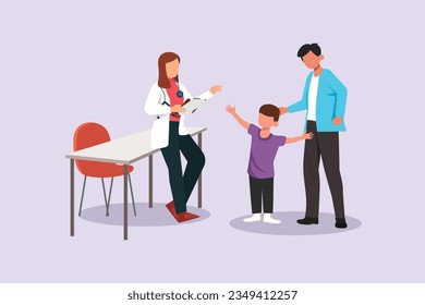 Kids, parents and doctor. Parenting in Healthcare concept. Colored flat vector illustration isolated. 