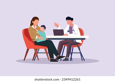 Kids, parents and doctor. Parenting in Healthcare concept. Colored flat vector illustration isolated. 